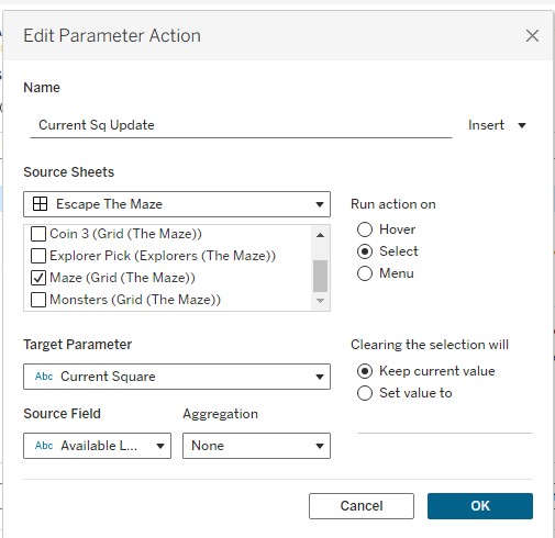 Tableau Edit Parameter Action dialog  -  Current Sq Update