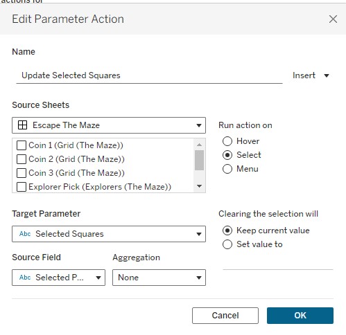 Tableau Edit Parameter Action dialog  -  Update Selected Squares
