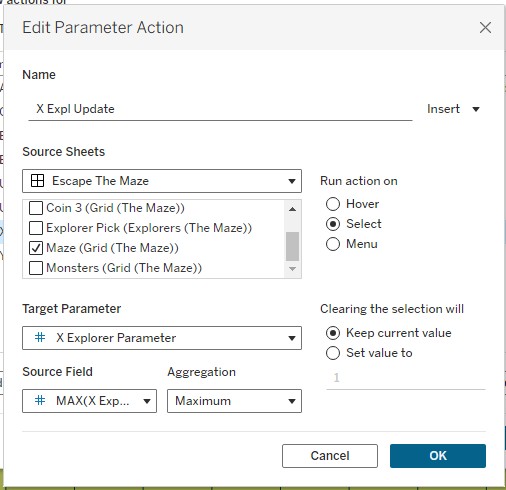 Tableau Edit Parameter Action dialog  -  X Expl Update