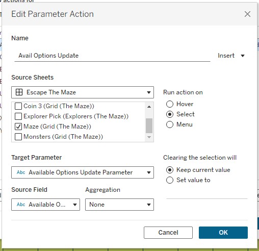 Tableau Edit Parameter Action dialog  -  Avail Options Update