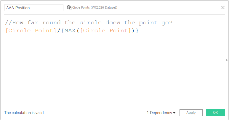 Calculated field for how far around the circle each point goes