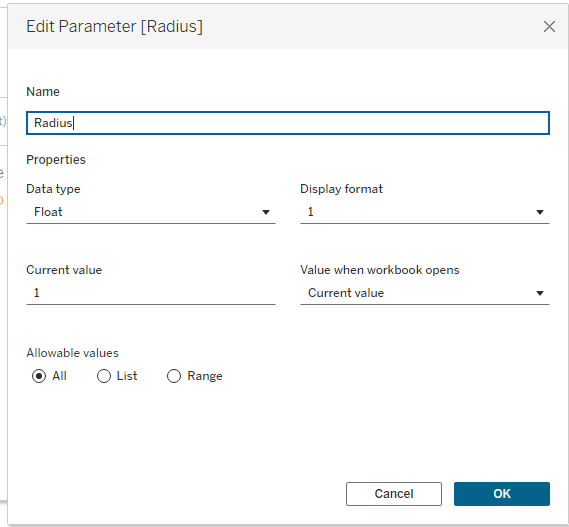 Radius field or parameter for the circle