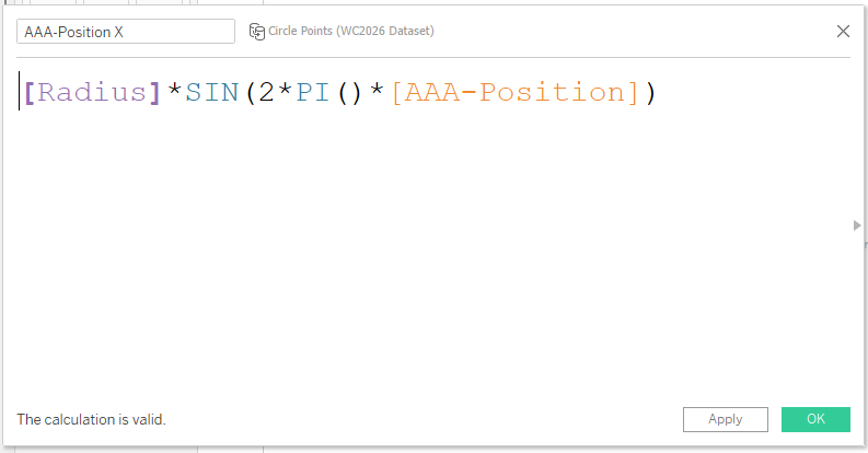 Calculated field for the X position on the circle